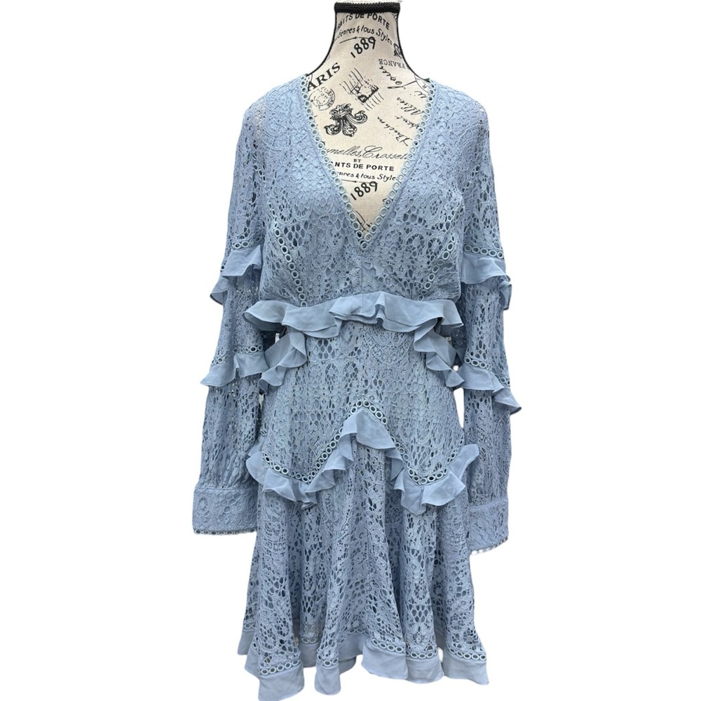 ASOS Light Blue Floral Lace Ruffle Mini Dress - Long Sleeve V-Neck Tiered Boho M